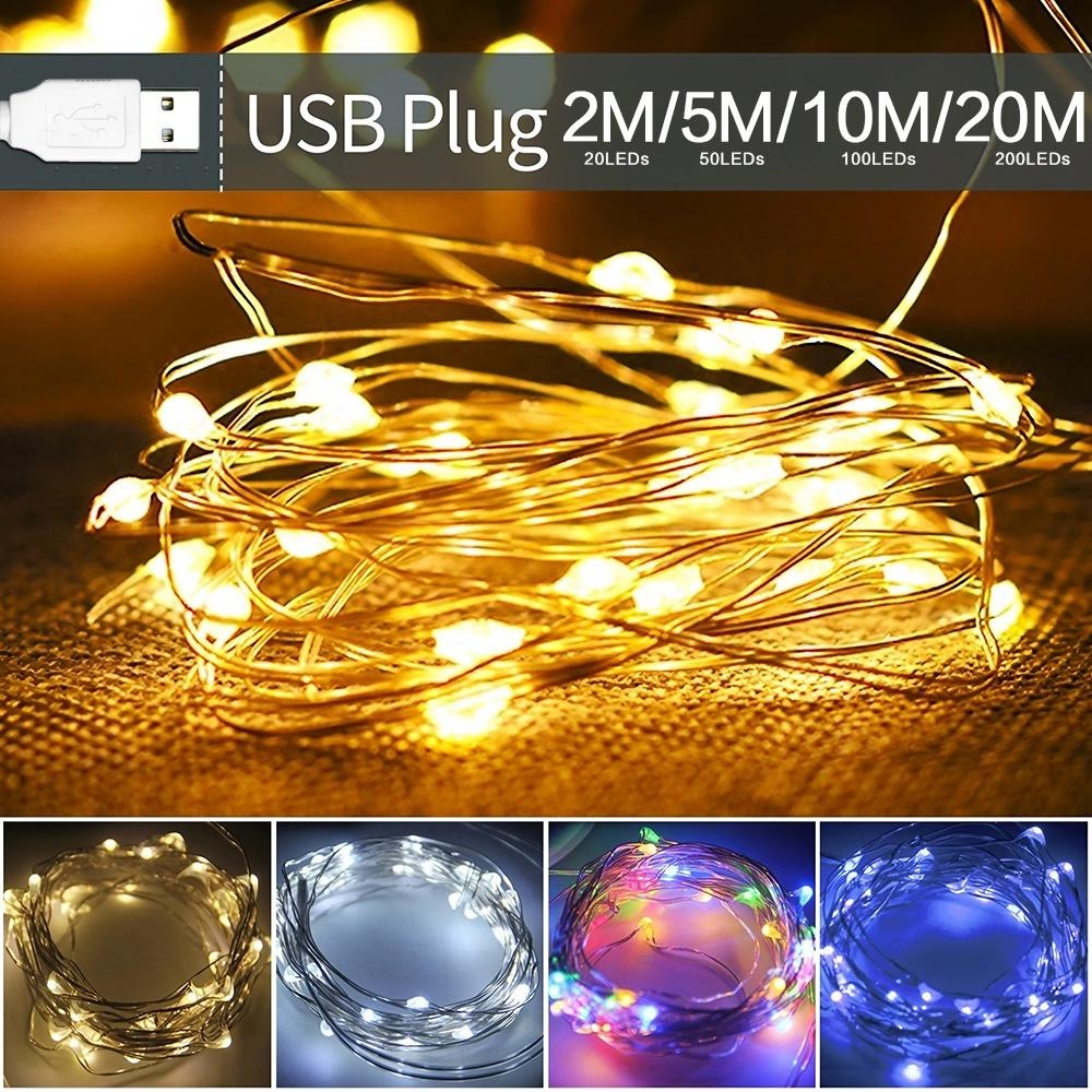 Guirnalda de luces LED USB de 2/5/10/20M para Navidad, , boda, decoración del hogar, árbol de Navidad, luces de hadas intermitentes