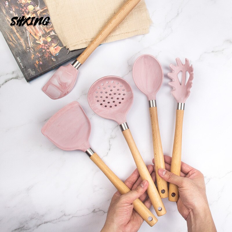 Silicone Kitchenware Cooking Accessories Set Hanging Hole Storage Stand Non-stick Cookware Spatula 7 Piece Set