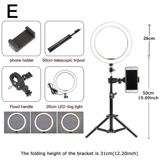 LED Beauty Ring Light Camera Photo Studio Phone Video Photography Dimmable Ring Lamp+Tripod for Selfie: Size E