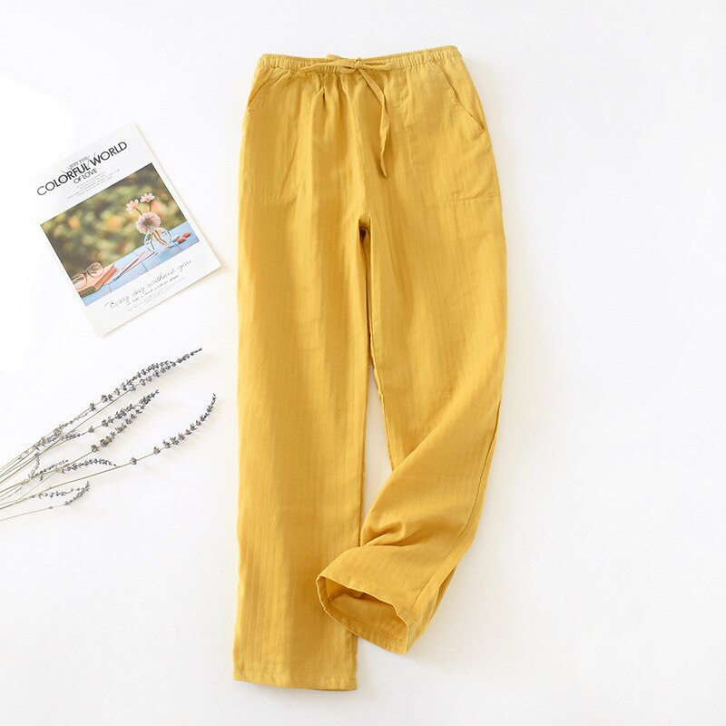 Pijamas japoneses para hombres y mujeres, pantalones de Casa de algodón lavado de gasa doble, pantalones sueltos y cómodos, informales, wt49,: Women Yellow / M