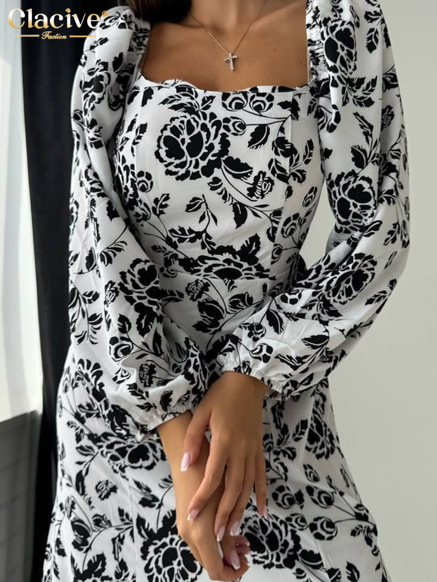 Clacive slim print damekjole bodycon firkantet krave lange ærmer midikjoler klassisk slids damekjole