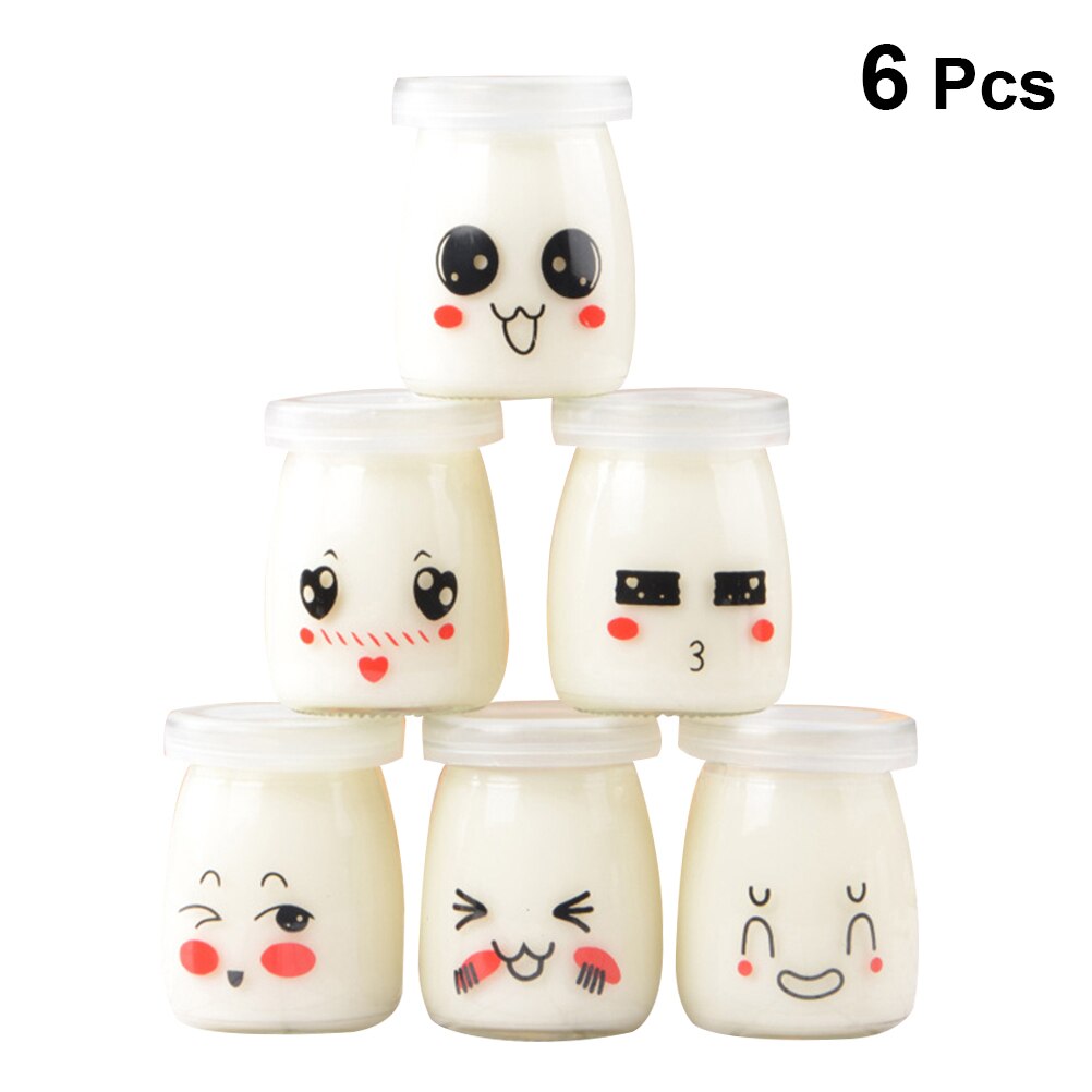 6 Stuks 100Ml Pudding Flessen Leuke Gezicht Hittebestendig Glas Gelei Yoghurt Pot Containers (Willekeurig Patroon)