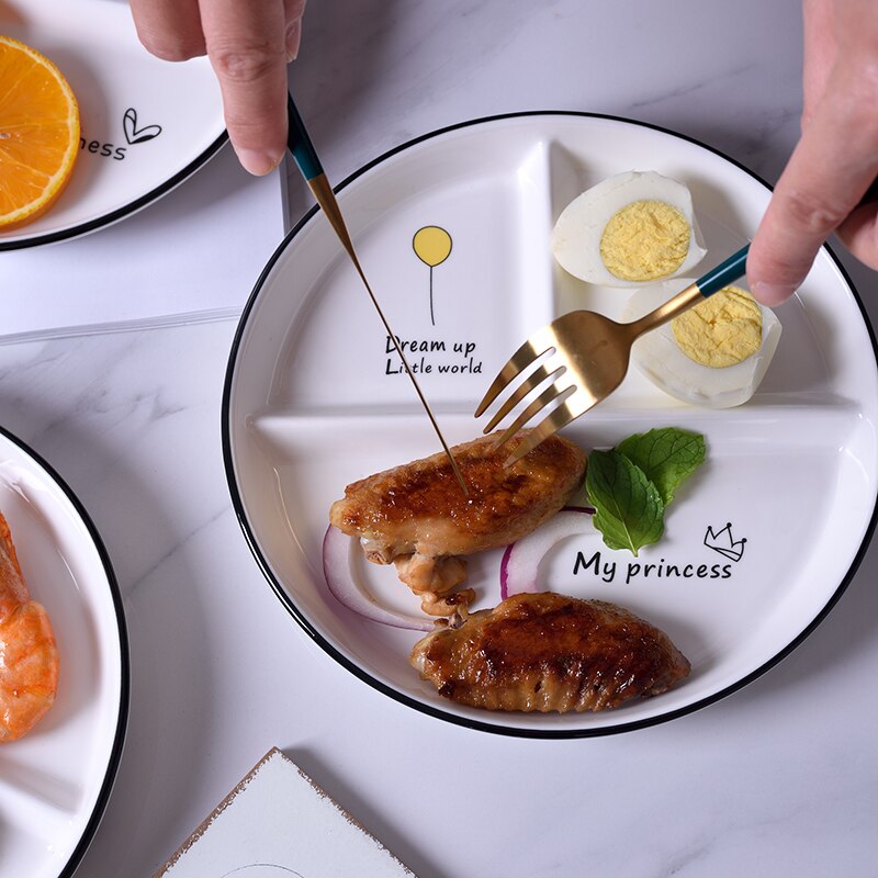 Plato de cerámica con compartimentos, vajilla de tres divisiones para fruta, pastel, ensalada, plato de dibujos animados para comida de bebé