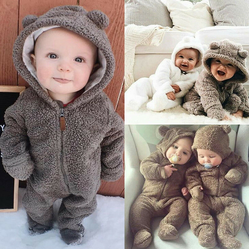 CANIS Newborn Baby Girls Boys Long Sleeve Solid Color Soft Warm Fuzzy Hooded Romper Jumpsuit Winter Outfits Clothes