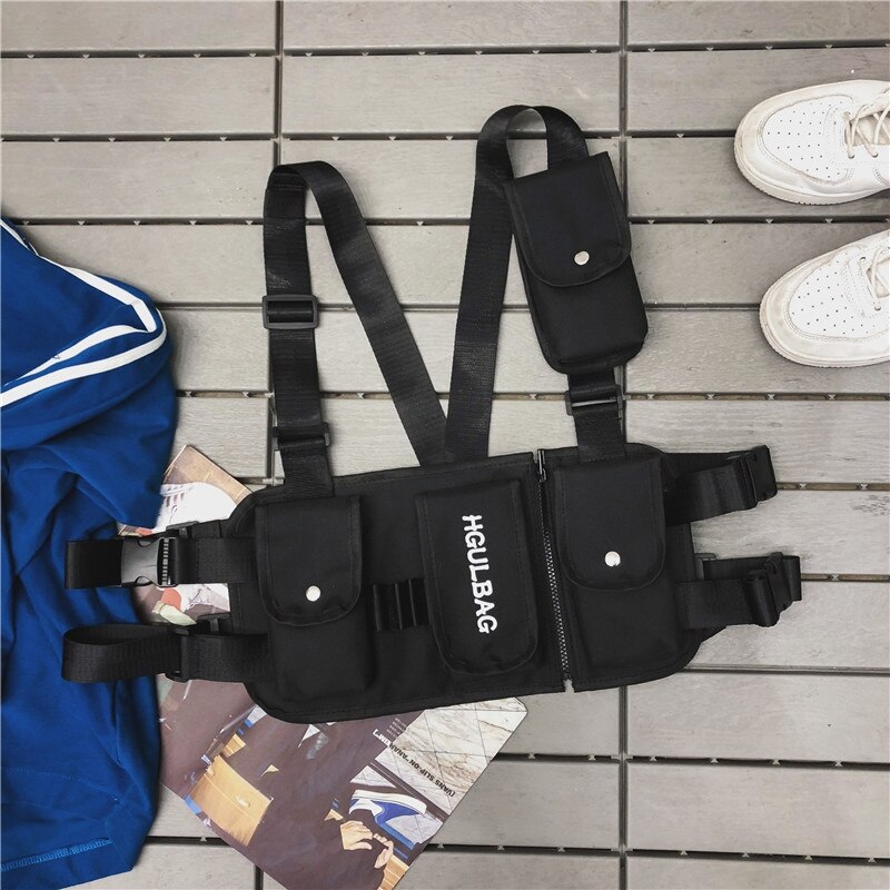 Saco de equipamento de peito feminino pacote de cintura hip hop ombro crossbody homem west vest peito preto streetwear sacos