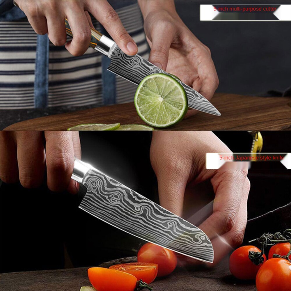 Køkkenkniv 8 tommer kokkeknive 7 cr 17 440c rustfrit stål med høj kulstof damaskus tegning gyuto spaltesæt skiver santoku kniv
