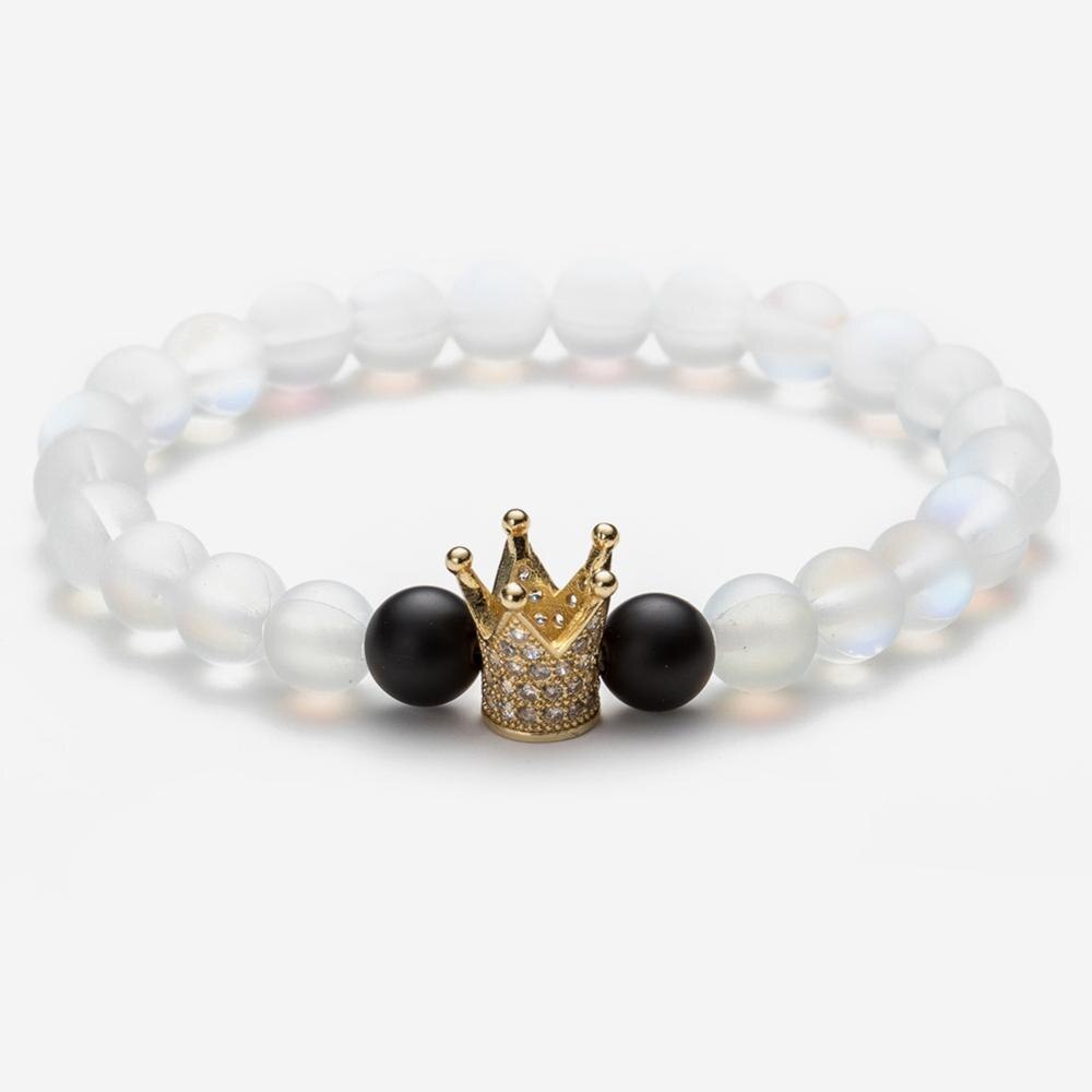 Couples Natural Stone Beaded Bracelet King Crown Shaped Round Cubic Zircon Charm Bracelet Lovers' Jewelry for Man Women: 6