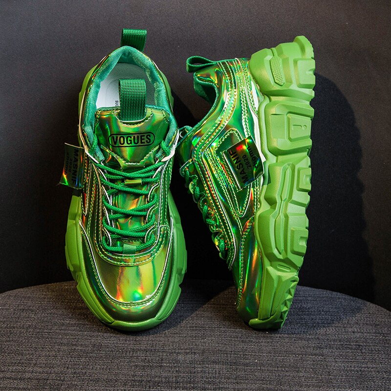 Våren kvinner plattform chunky joggesko sølv skinn designere snøring casual gammel far sko kvinne komfortable trenere: Grønn / 37
