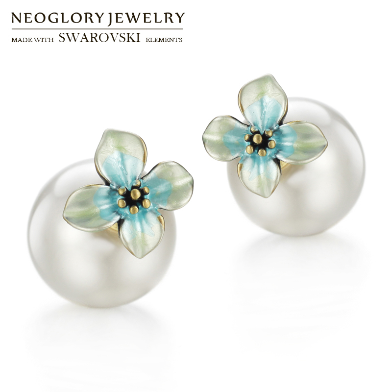 Neoglory Simulato perla &amp; Smalto Orecchini Giubbotti Fiore Colorato Alla Moda design Elegante per La signora Classico di Vendita del Regalo