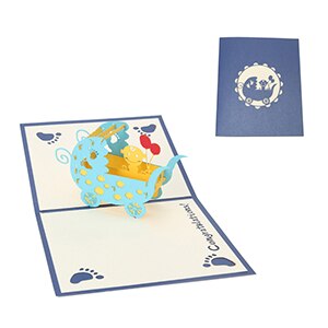3d barnevogne lykønskningskort pop up papirskåret postkort fødselsdagsfest håndlavet: Blå