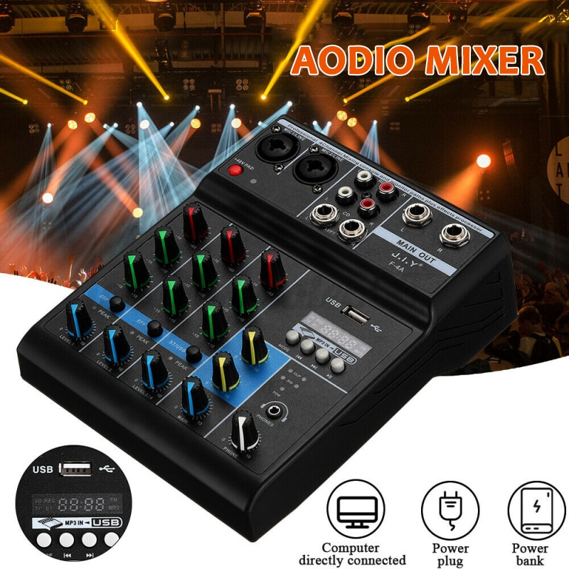 4 Channels Mini USB Audio Mixer Amplifier Console Bluetooth Record Phantom Mixer With Sound Card Mixer Live Studio Audio Mixing