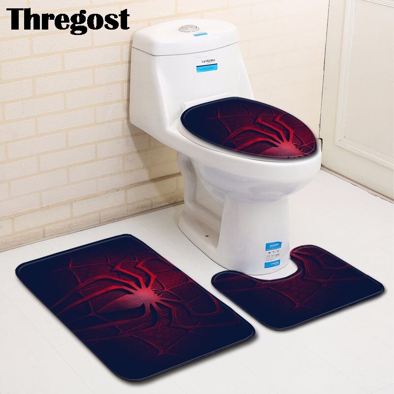 Thregost 3 stuks badmattenset u-vormig badkamertapijt cartoon spinnenpatroon toiletmatten antislip wc-mat waterabsorberende badmatten