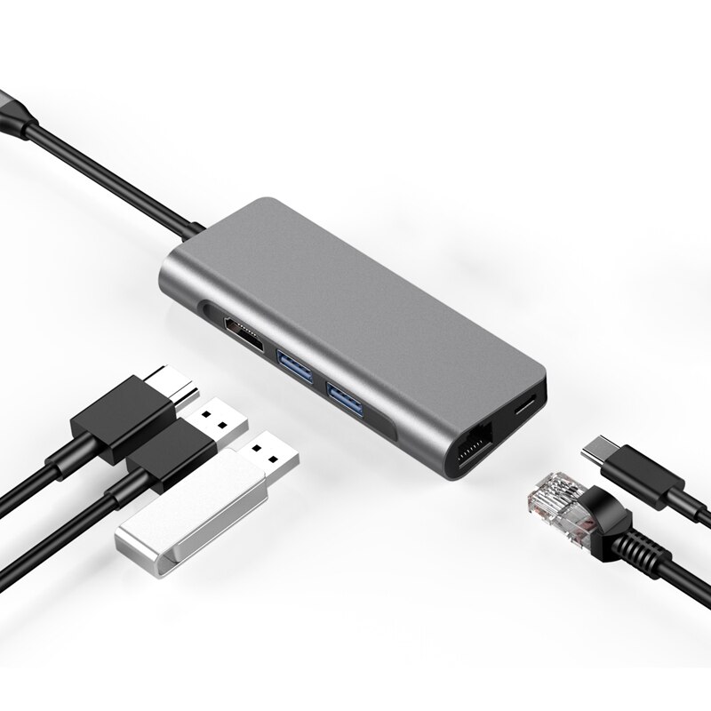 Type C Hub, 7-In-1 Adapter with Gigabit Ethernet, 4K USB C to HDMI, 2 USB3.0, SD/TF Card Reader Compatible for Mac Pro and Other