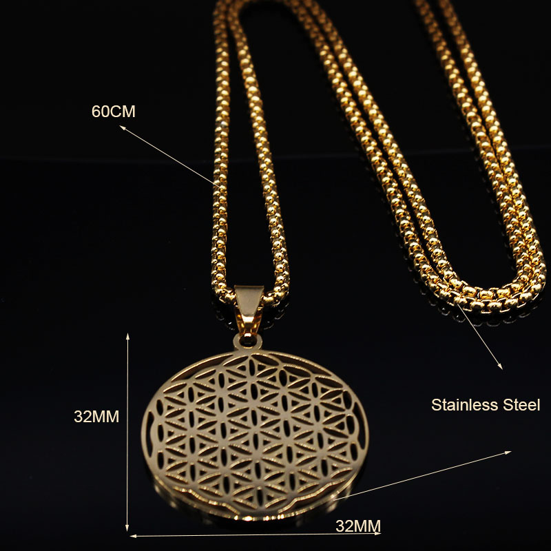 Collar largo de acero inoxidable con flor de la vida a la para mujer, collares de Color dorado, joyería sautoir femme, acero inoxidable largo