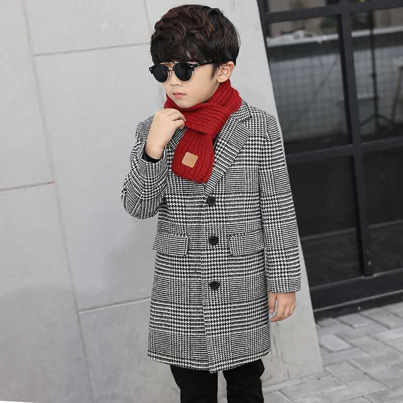 Autumn Winter Boys Jacket Wool Coat Kids Lattice Coats Windbreaker Children Clothes Teen Boys Trench Coat G114