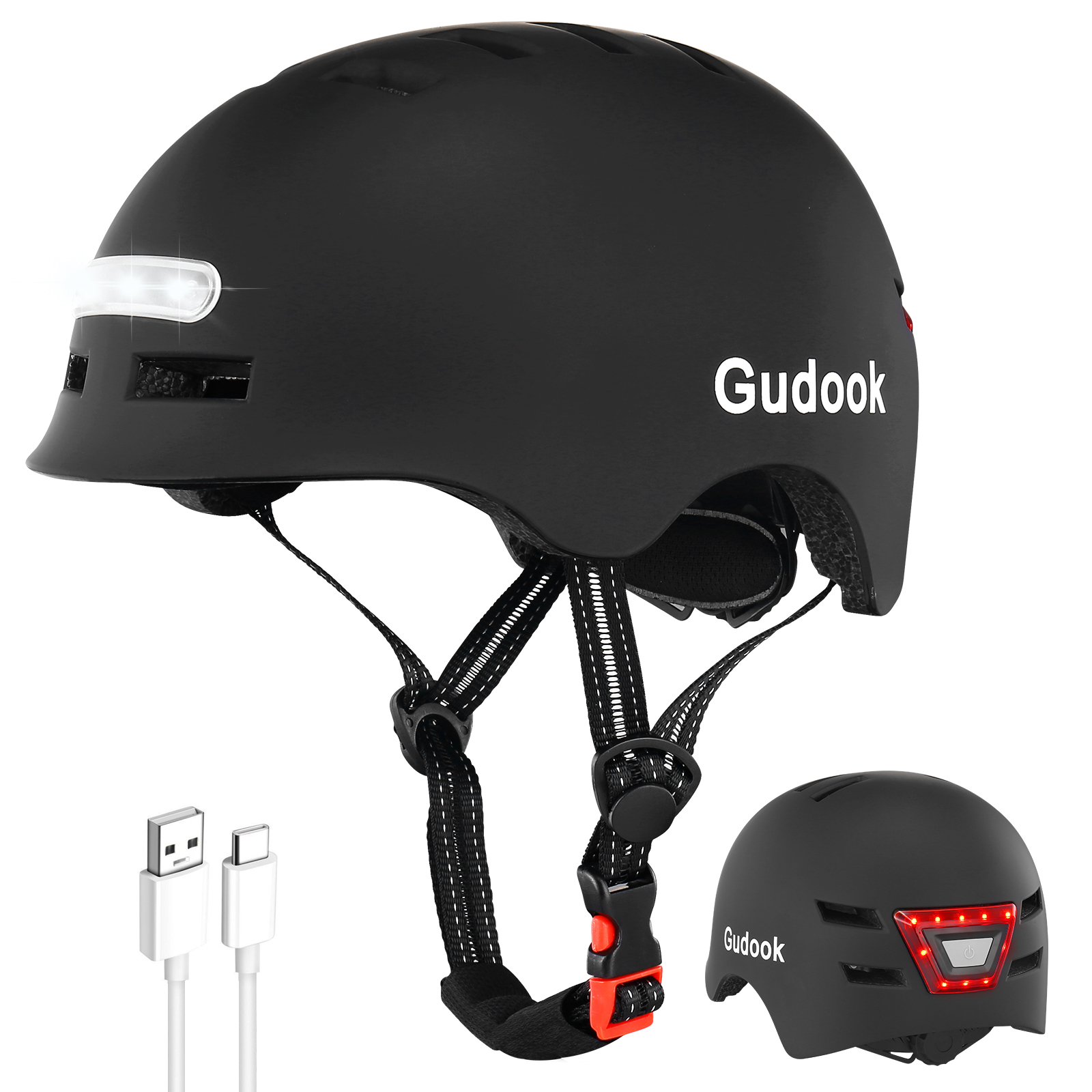 GUDOOK Adult Bike Helmet with Light - Bicycle Helmets Men - Women - Front and Back LED Lights for Scooter， Cycling, Skating