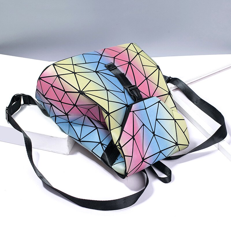 Neue Frauen Tasche Leucht Schule Rucksack Geometrische Schulter Tasche Klapp Schüler Schule Taschen Für Teenager Mädchen Holographische Rucksack