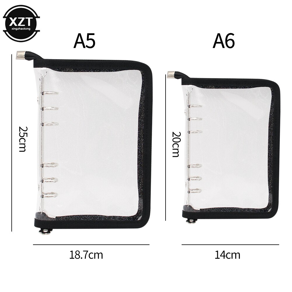 A5 A6 Loose-Leaf Notebook Cover Glitter Zipper PVC Notebook Korean Stationery Diary 6 Hole Binder Clip Notebook Office Planner