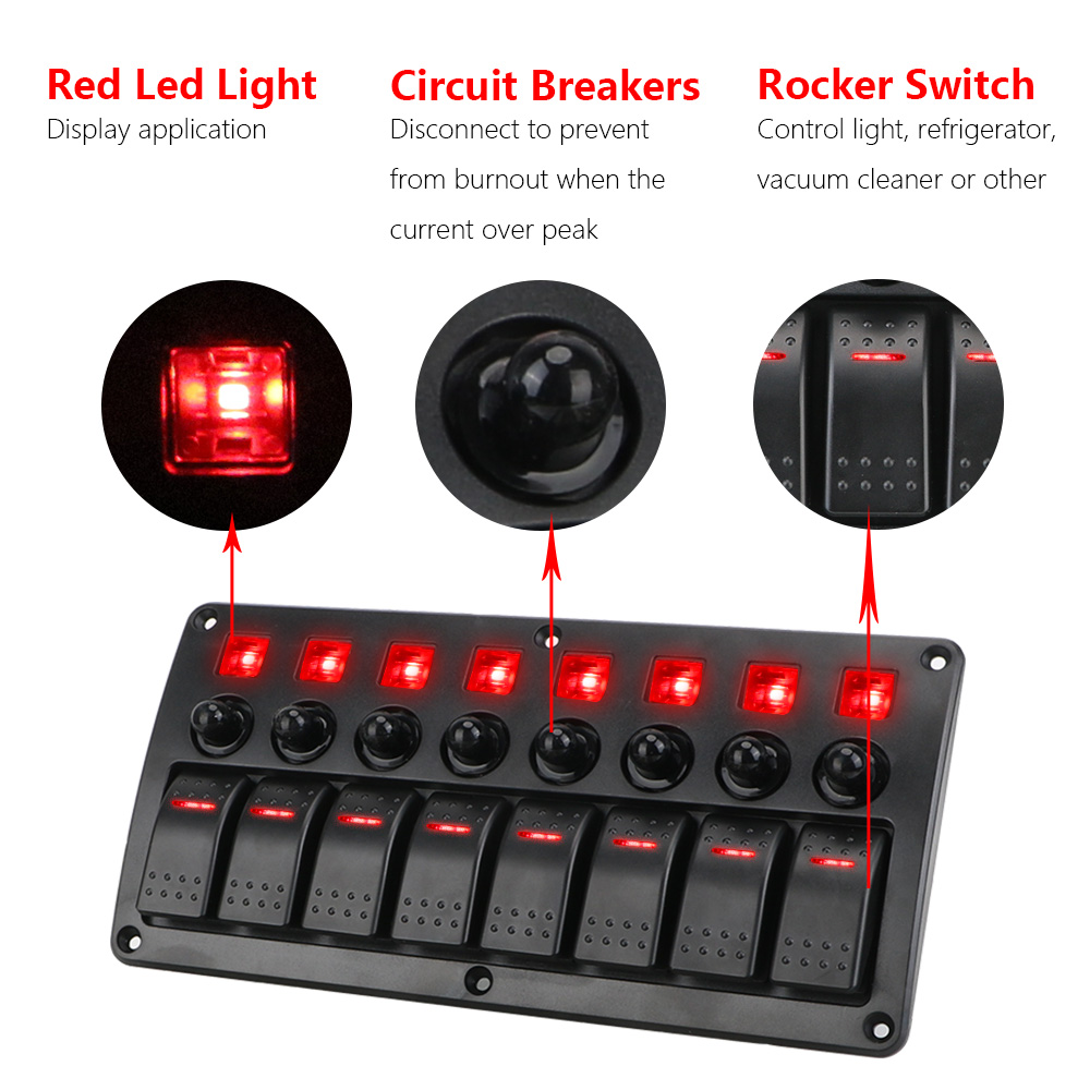 Car Vehicle Truck RV SUVS Marine 8 Gang LED Switch Panel Circuit Breakers With Fuse Waterproof 12/24V Overload Protection