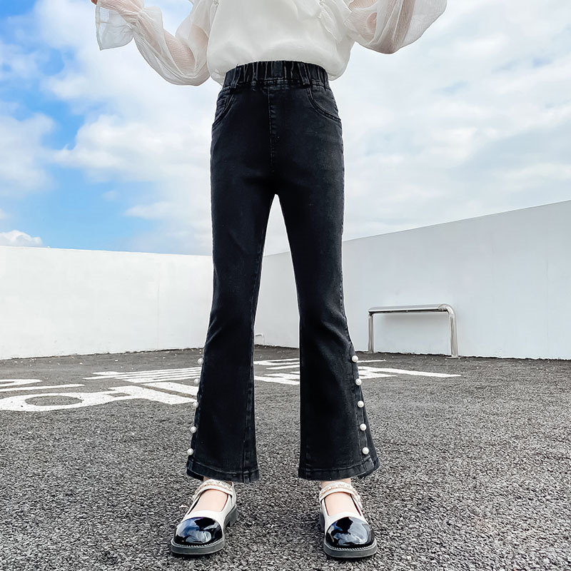 Jeans For Girls Black Boot Cut Pants with Pearl Casual Style Kids Elastic Split Flare Pants Spring Autumn Clothes 6 8 10 12 14Y