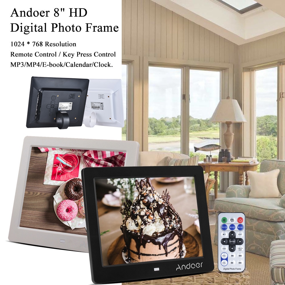 Andoer 8" HD Digital Photo Frame with Alarm Clock MP3 MP4 Movie Player Function with Remote Control