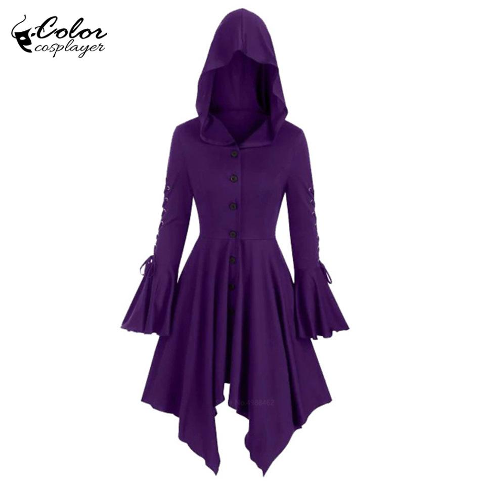 Colore cosplayer con cappuccio abito medievale donna Halloween costume cosplay abito da strega gotico abito a maniche lunghe abito da vampiro