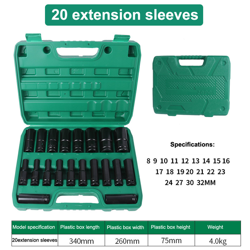 Meterk 1/2 Inch Socket Wrench Set Hexs Socket Head 8~32mm Adapter Spanner Converter Electric Impact Wrench Socket Sets: 20pcs sleeve
