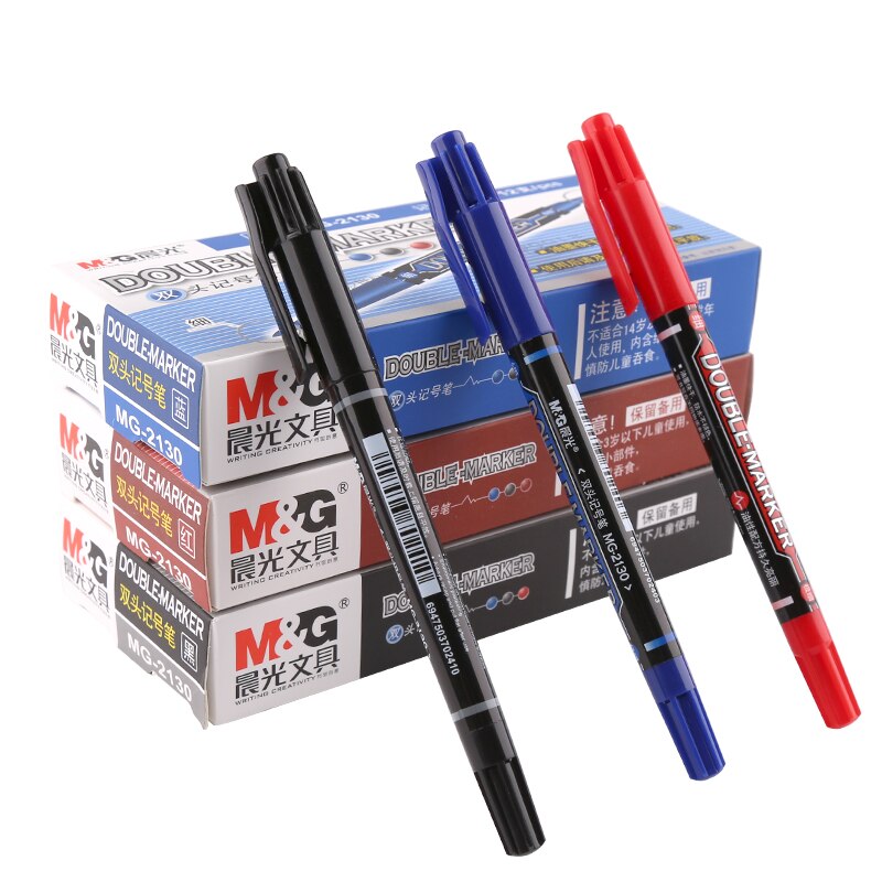 M&G Marker Pen Black/Blue/Red 12pcs/lot Double Toes Extra Fine Point Oil Ink Liner e-marker Safe School & Office Supplies MG2130