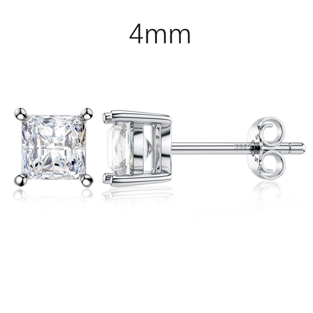 Jiayiqi 925 Sterling Silver Four-Post Square Crystal Zircon Silver Stud Earrings For Women Sterling Silver 925 Jewelry: 4mm