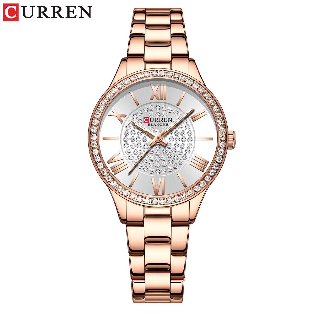 Curren Luxe Golden Dial Horloges Voor Vrouwen Met Rvs Band Mode Strass Dames Horloge Met Lichtgevende: rose white