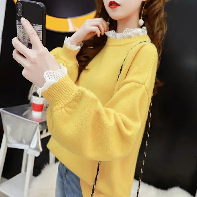 Lace Pullover Sweater Women 2022 Winter Spring Stitching Round Neck Loose Fit Warm Base Knitted Sweaters Sweet Female Flower: Yellow