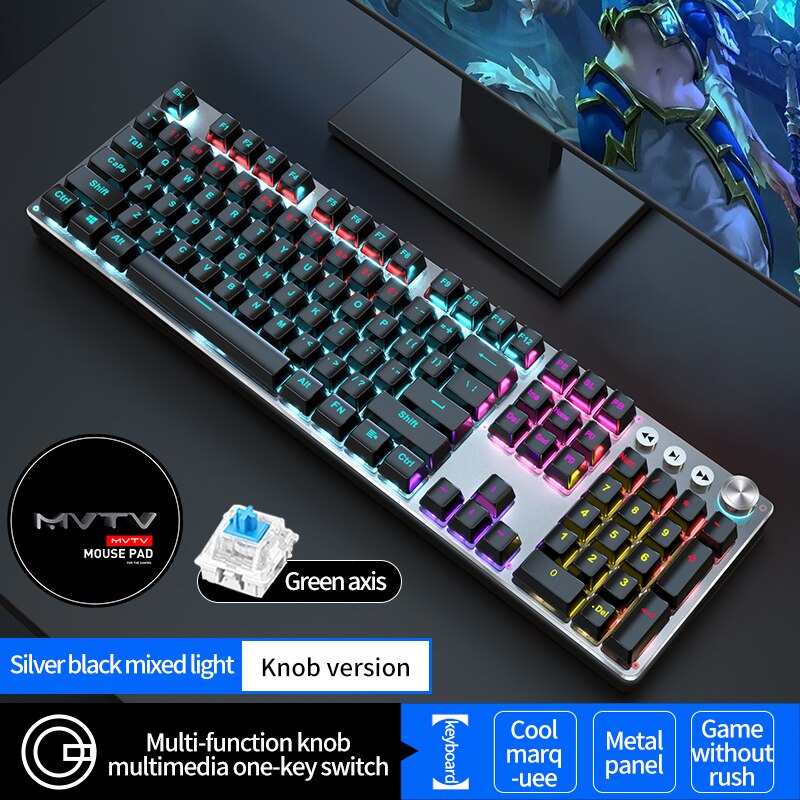 EWEADN Wired Gaming Mechanical Keyboard 104 Keycaps Blue Black Red Switch LED Backlit Multi Function for Computer PC Laptop Mac: Knob version / Red Switch