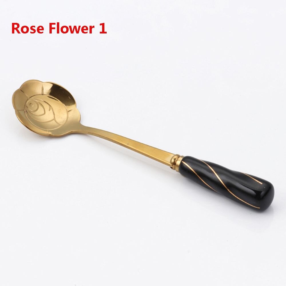 Cherry Blossom Rose Flower Spoon Gold Silk Ceramic Handle Sweet Spoons Gold-plated Coffee Stirring Spoon Tableware: Rose Flower 1