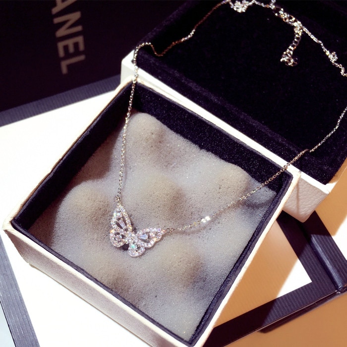 small fresh butterfly pendant white zircon necklace for Lady butterfly white zircon necklace Bowknot jewelry: KYNL070W