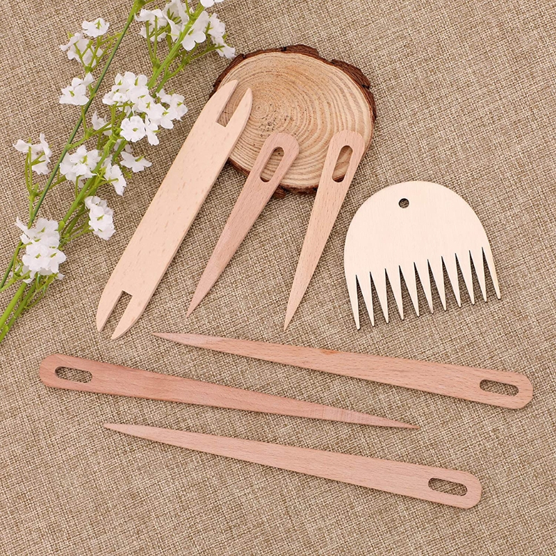 7pcs/Set Wooden Hand Weaving Tools Kit for DIY Tapestry Carpet Scarf Gloves Knitting Crafts Starter Kit for Teens Adults 87HA