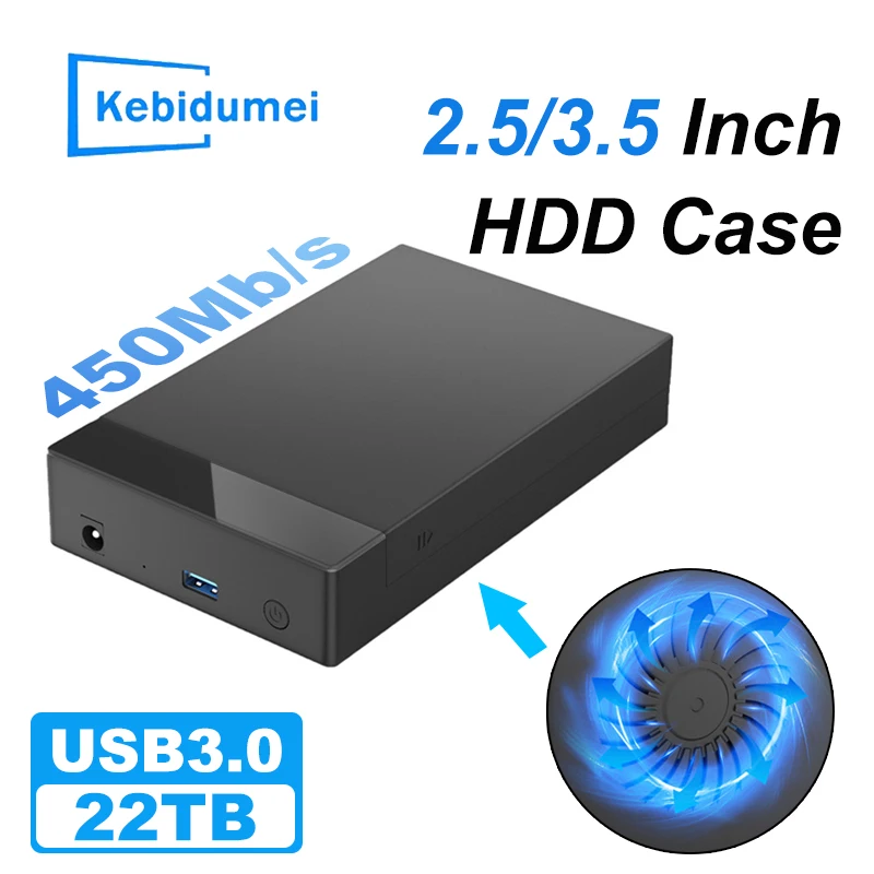 2.5/3.5 Inch HDD Case SATA to USB 3.0 Adapter SSD External Hard Drive Enclosure Cooling Fan 450Mb/s 22TB HDD Case for PC Laptop