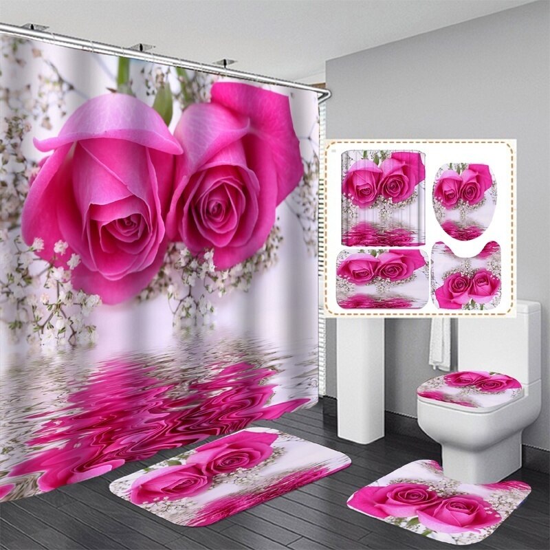 Pink rose vandtæt bruseforhæng badeværelsesmåttesæt toiletlågbetræk tæpper skridsikker brusetæpper sæt brusebadegulvmåtter: 4 stk komplet sæt