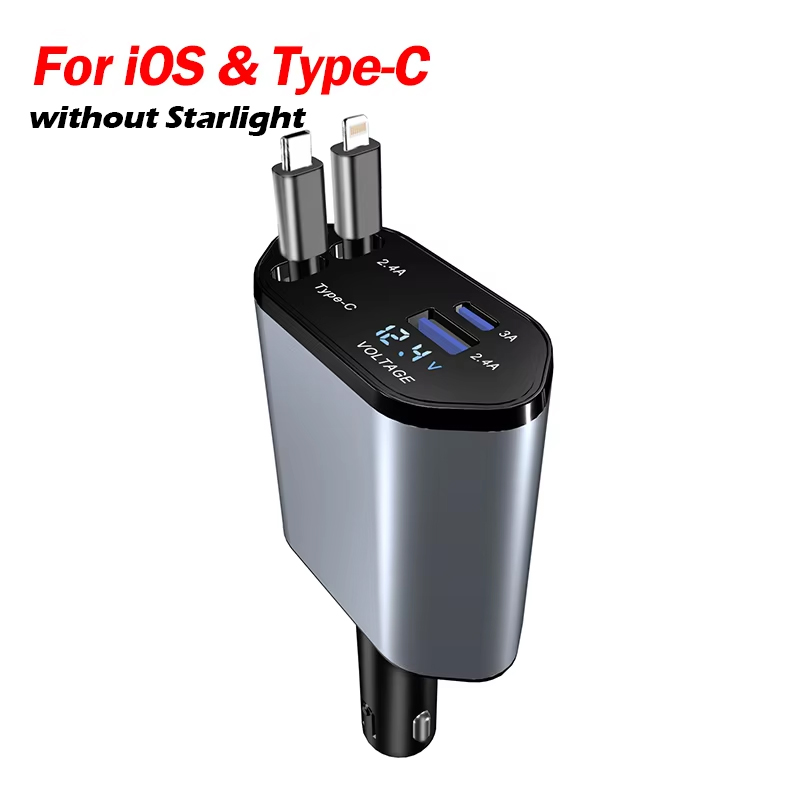Adaptador de cargador de coche retráctil mejorado de 120W con Starlight, cargador de coche USB de carga rápida 4 en 1 con 2 puertos USB accesorios para coche: Blanco