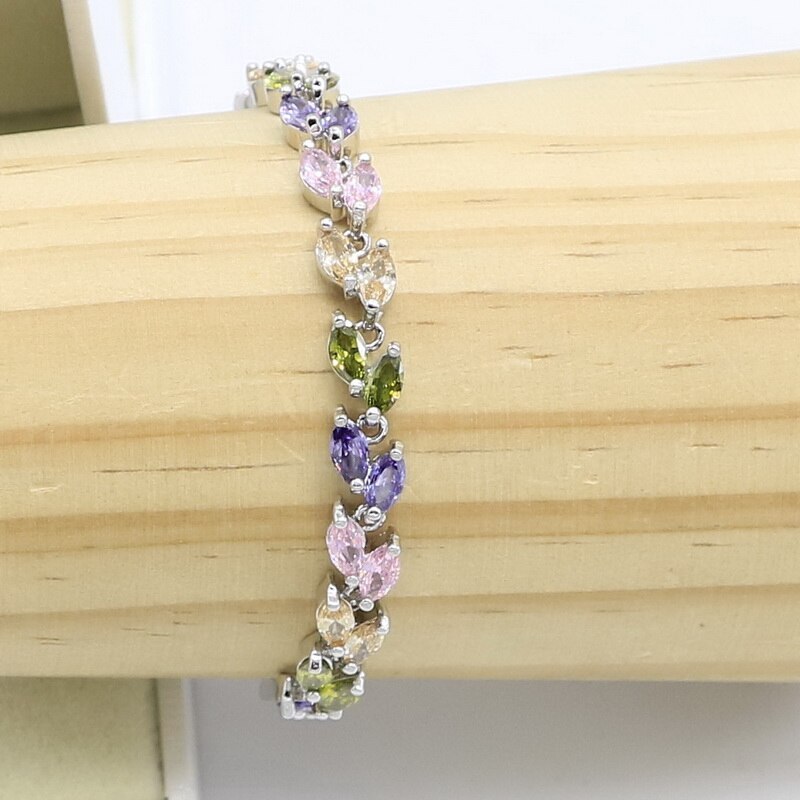 Sølvfarvede bryllupssmykker flerfarvede sten cubic zirconia smykkesæt til kvinder øreringe/vedhæng/halskæde/ring/armbånd: Armbånd / 6