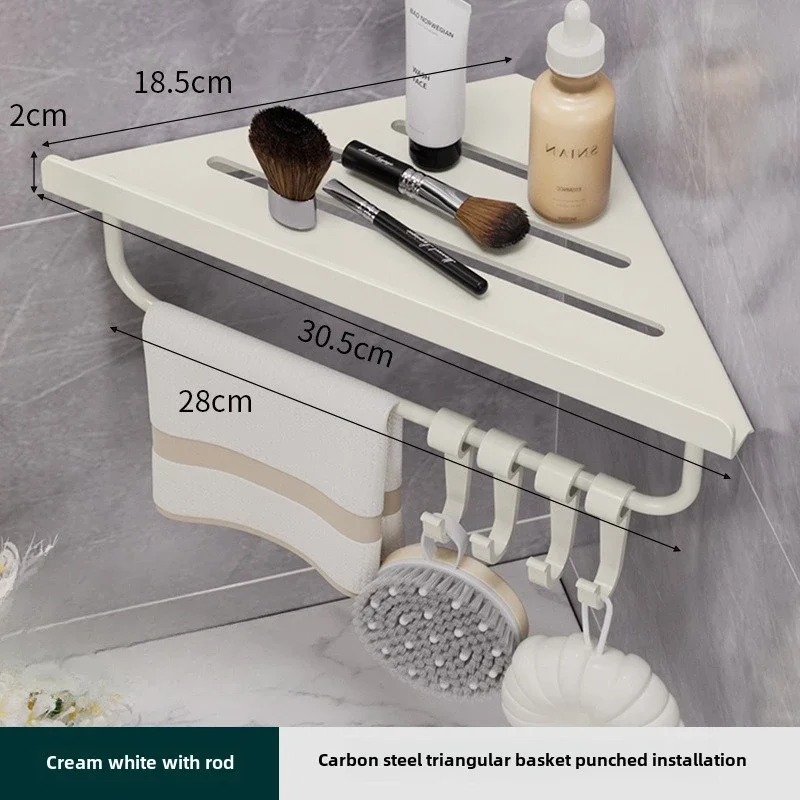 Étagère de vidange triangulaire de salle de bain, étagère murale creuse en acier au carbone pour cosmétiques et articles de toilette sans perçage avec crochets: Gris clair