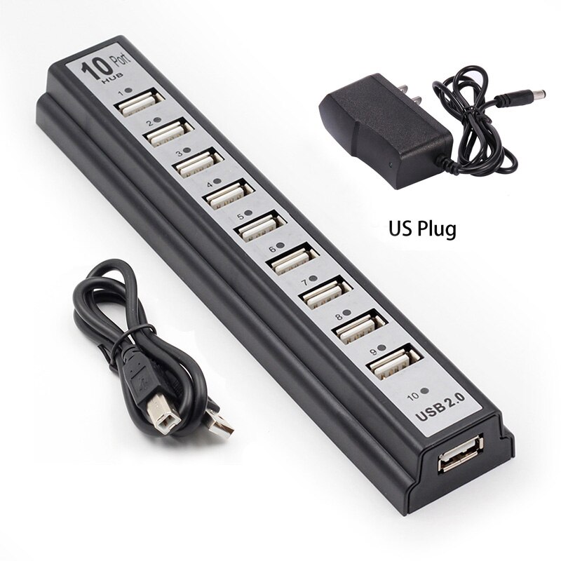 Usb 2.0 10 -poorts hub, multi-usb-splitters, hoge snelheid 480 mbps usb 2.0- hub met eu/vs-stroomadapter voor pc, laptop en notebookcomputer: Usb 2.0 hub zwart vs