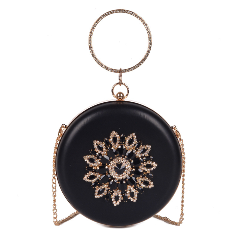 Pochette de soirée femme pochette blanche fleur de soleil cristal sacs à main ronds de luxe sac à main de mariage sac à bandoulière de fête ZD1528: Black