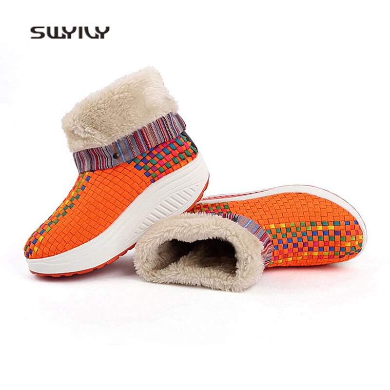 SWYIVY Women Toning Shoes Winter Warm Velvet Hand-woven Swing Shoes Chinese Style Platform Soft Slimming Shoes For Females