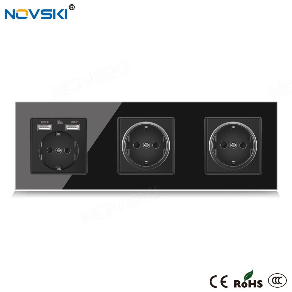 NOVSKI 16A EU Standard Wall Socket Triple Frame Crystal Glass Black Panel 86*258 mm, Hidden LED for USB Charger