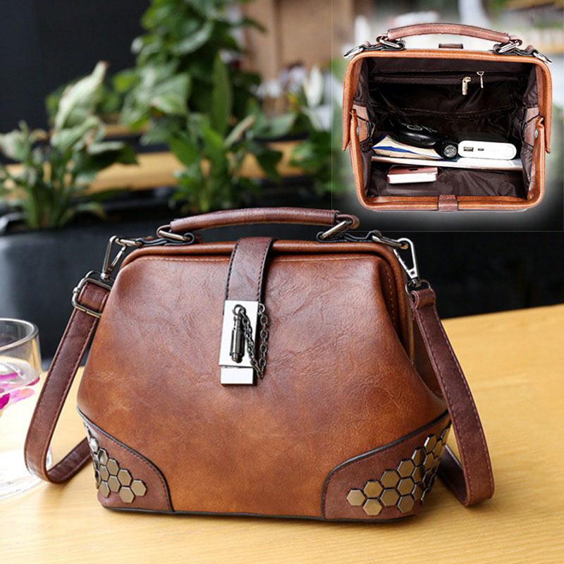 Vintage Vrouwen Lederen Handtassen Kleine Crossbody Tassen Voor Vrouwen Schoudertas Vrouwelijke Dames Hand Tas Retro Klinknagel Dokterstas