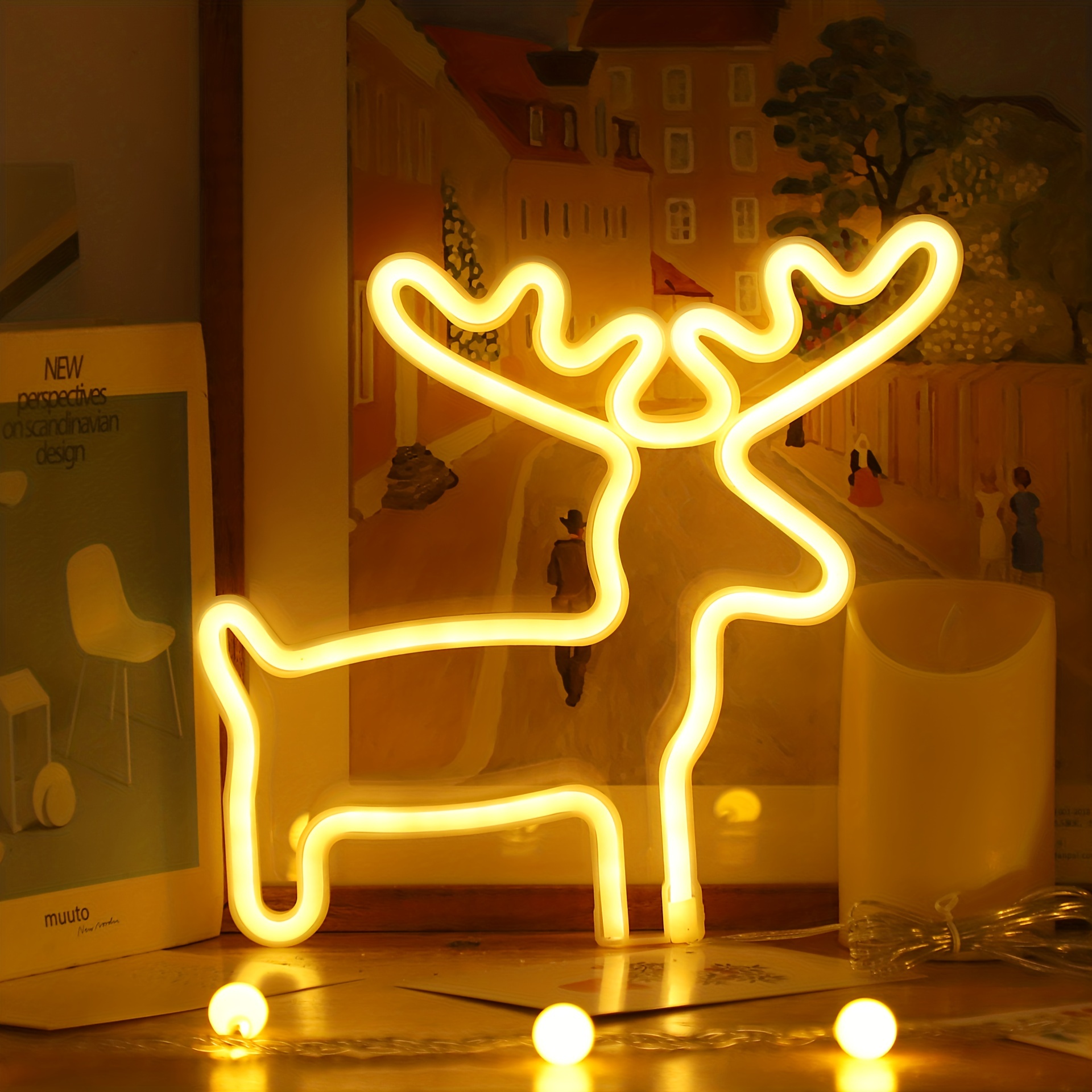 Luces decorativas navideñas, lindas luces LED de alce y Papá Noel, alimentadas por USB o con pilas, navideños, decoración de habitaciones: BLANCO
