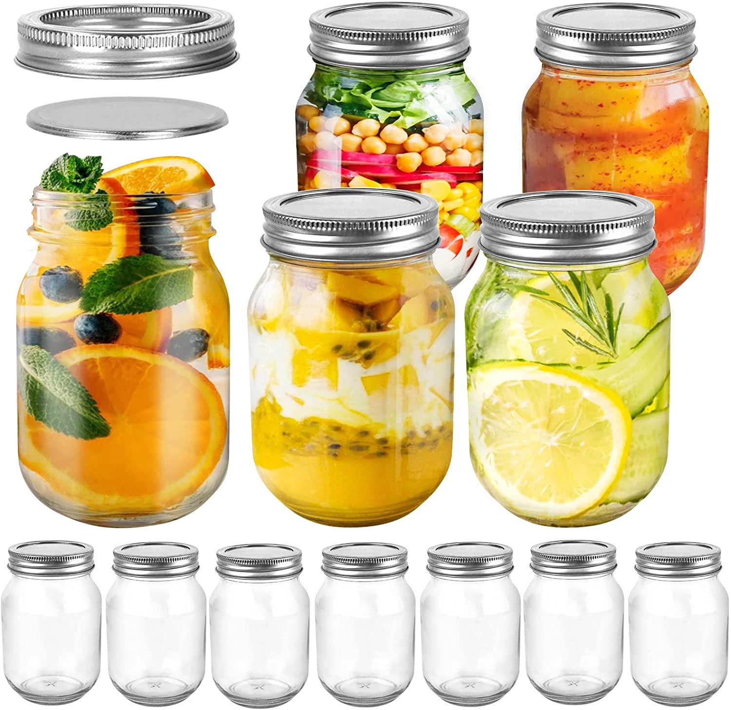 Round 16 oz Mason Jars Canning Jar with Silver Airtight Lids Reusable 500ml Clear Glass Mason Jar for Jam Honey Pick