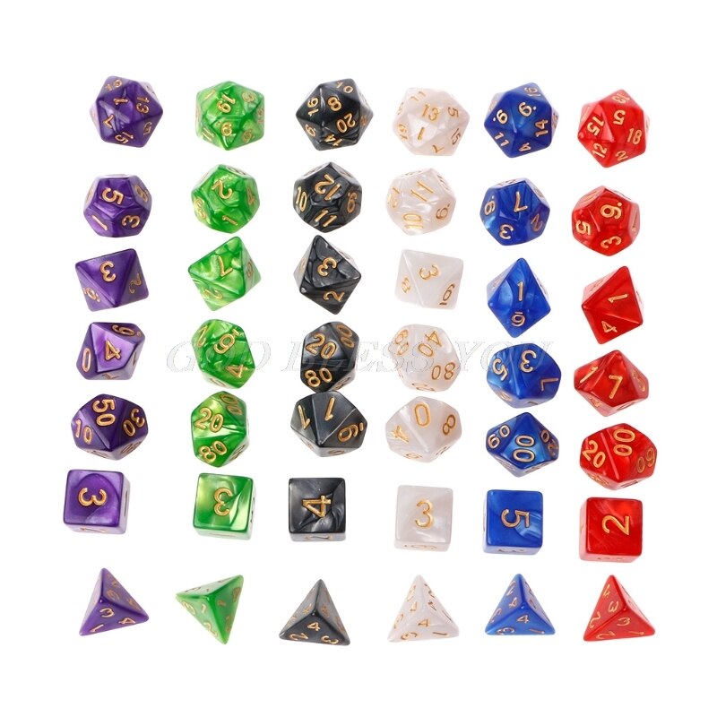 7Pcs Polyhedral Dice Gold Numbers For Dragon Pathfinder D20 D12 2xD10 D8 D6 D4