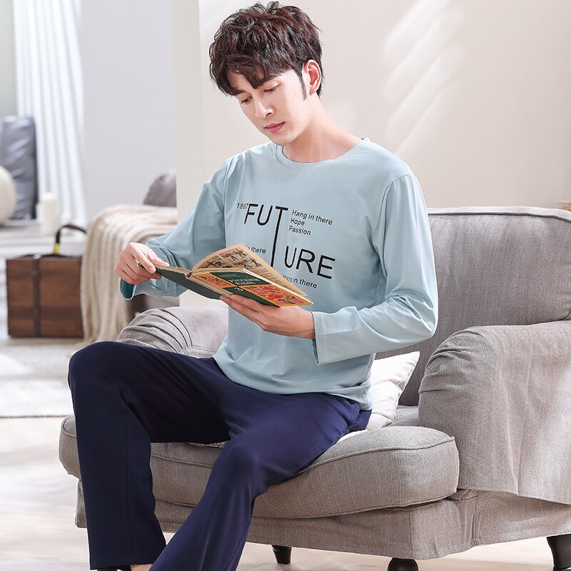pajamas set for men sleepwear letter prints nightwear winter long sleeved nightie male plus size pyjamas autumn suit