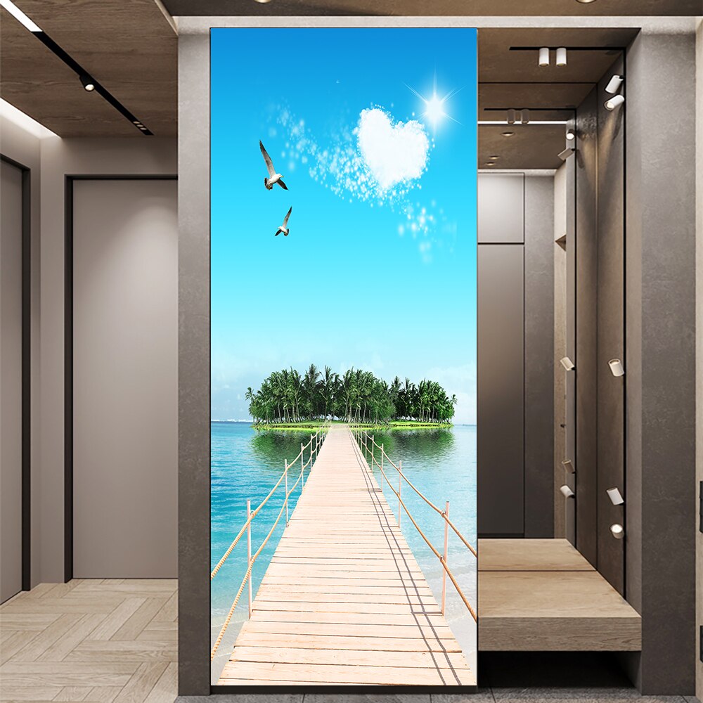 Pegatina de puerta DIY de paisaje insular de hermoso estilo, pegatinas de pared para decoración del hogar, Mural artístico para porche de cocina, papel tapiz de PVC